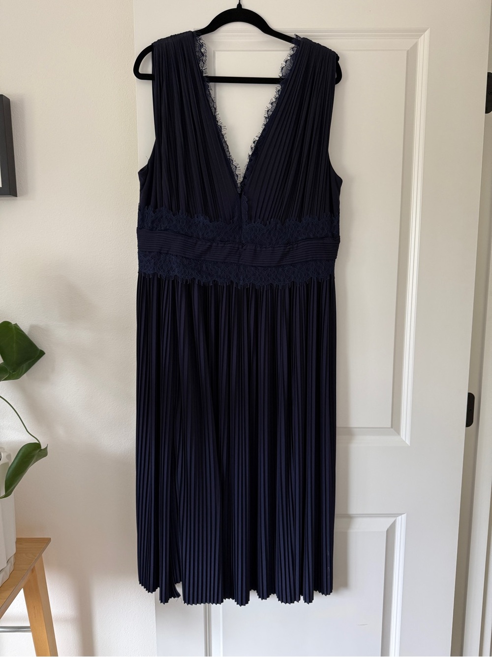 ASOS Navy Pleated V-Neck Lace-Trim Dress